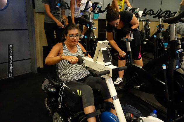 Fun Paw Care, Steve Guttenberg & Service Dogs (30) Sabrina Cohen spinning in an adaptable wheel chair spin class