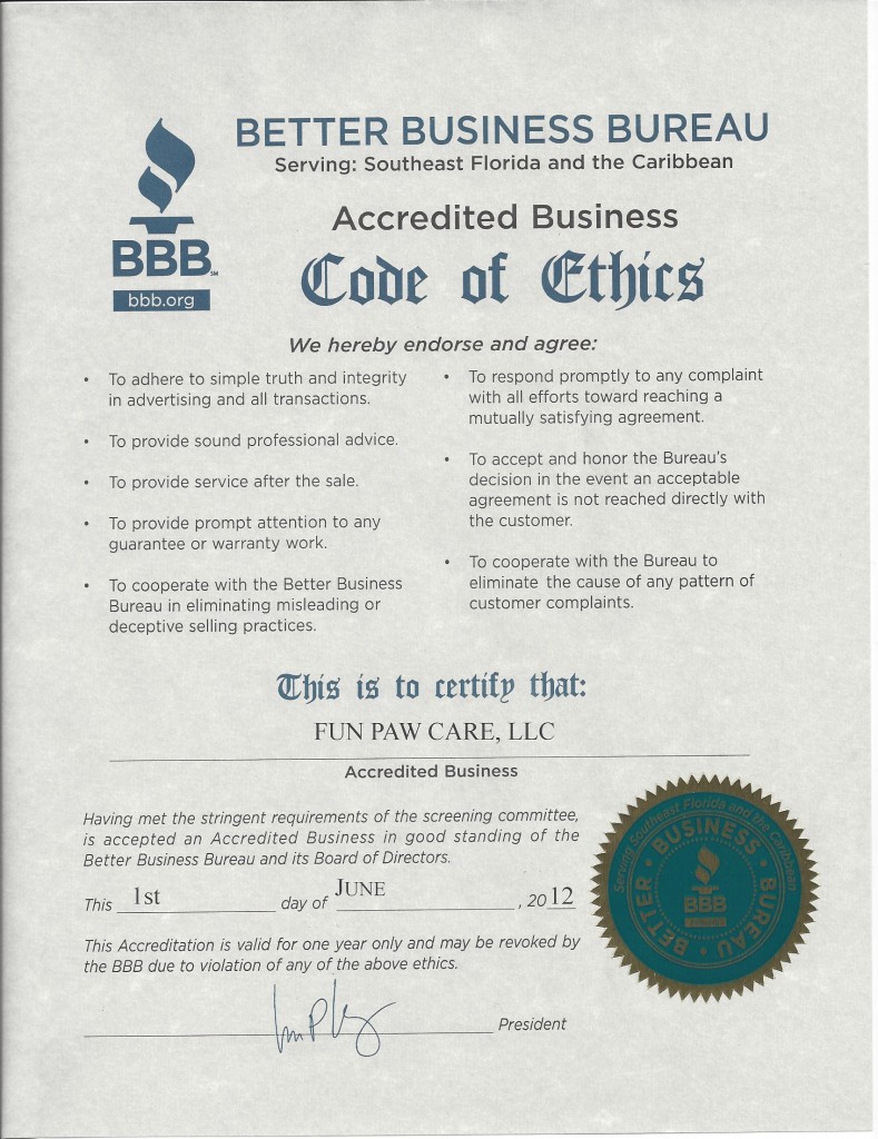 Image Of BBB Accreditation Of A Facility For Dog Training, Miami - Fun Paw Care