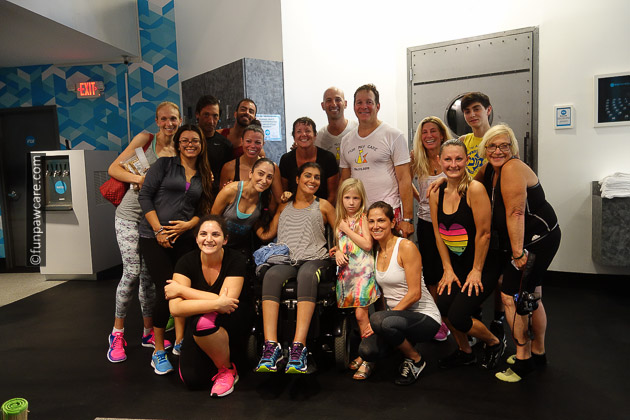 Russell Hartstein and Steve Guttenberg at spin class with all the spinners