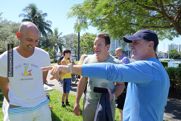 Russell Hartstein and Steve Guttenberg and mayor Philip Levine or Miami Beach laughing it up