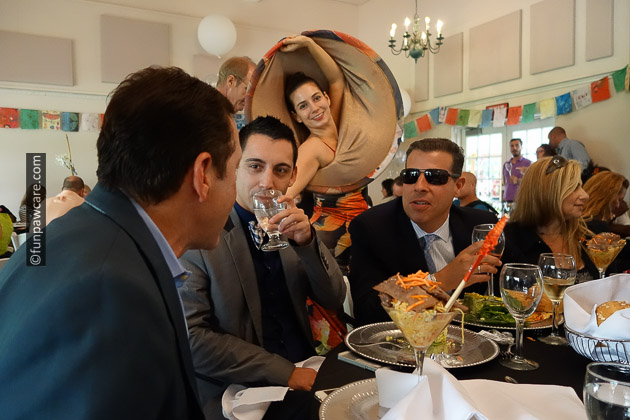 Dancer photo bombing David talking with Steve guttenberg 