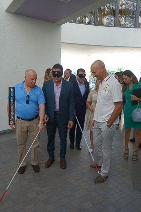 Steve Guttenberg, Russell Hartstein with blind fold on
